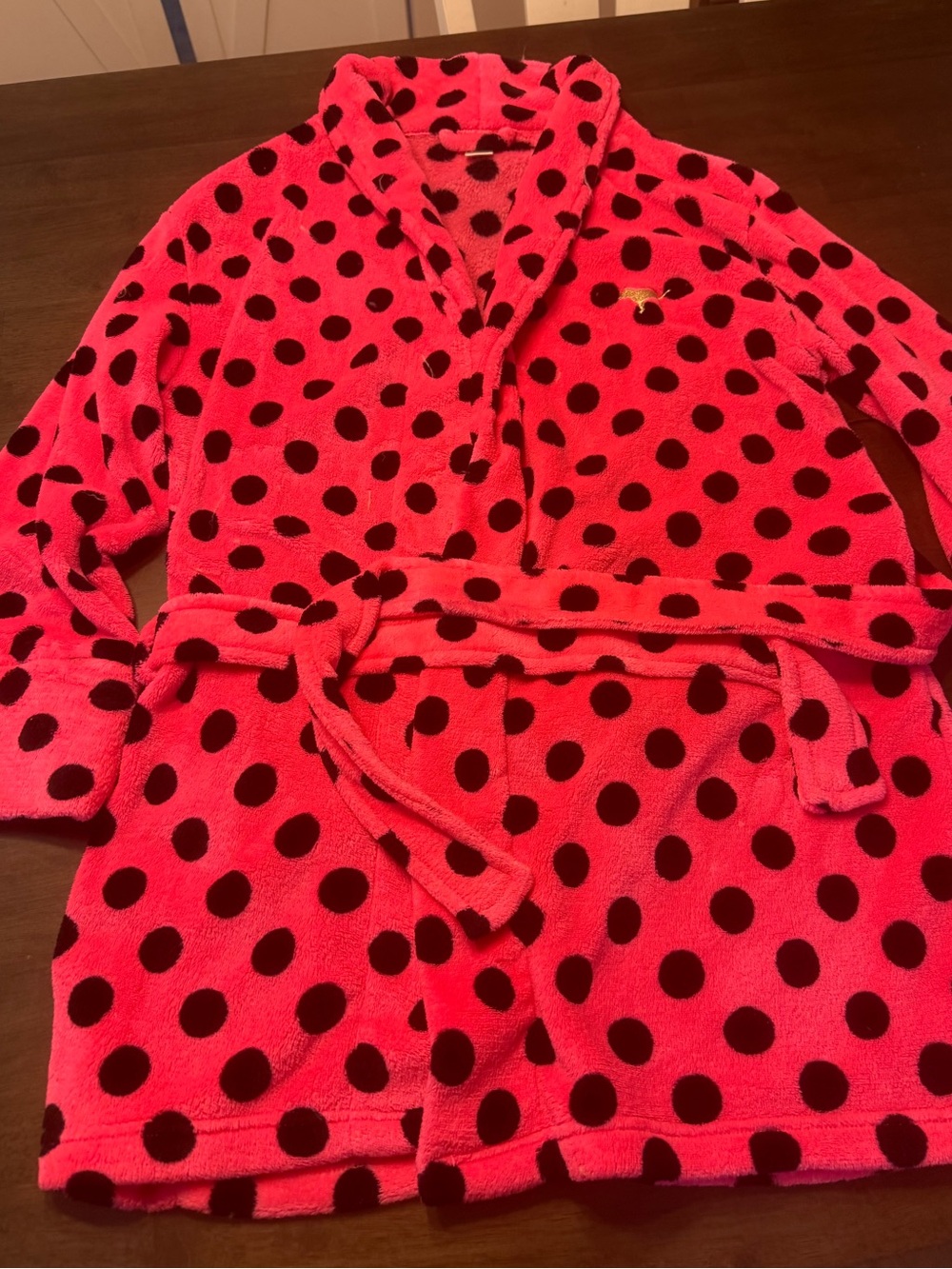 PINK Victoria's Secret Hot Pink Plush Robe with Black Polka Dots